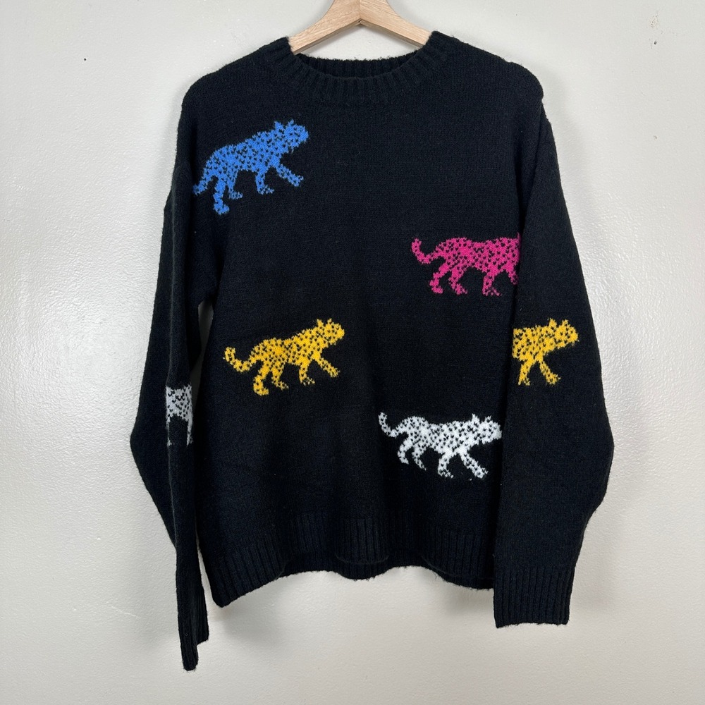 JODIFL Women's M Crewneck Sweater Black‎ Multi Color Leopard Animal Print H10332